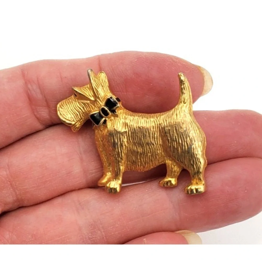 Vintage Scottish Terrier Black Enamel Bow Brooch Pin Gold Tone